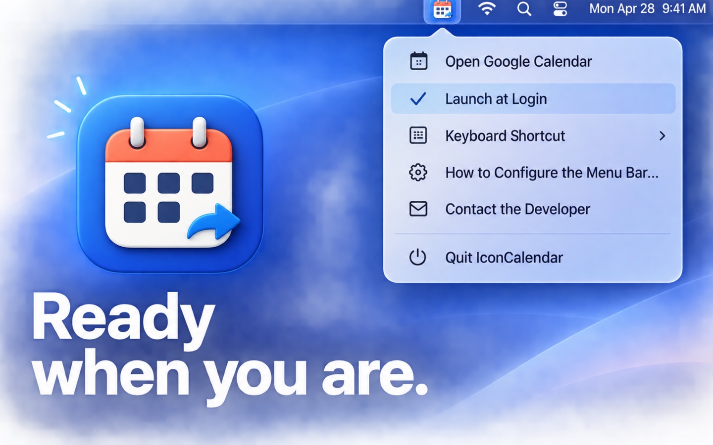 IconCalendar menu with launch at login and shortcut controls